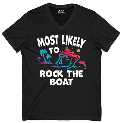 Cruise Shirt Funny - Rock the Boat Tropical Sunset Vacation Tee (V-Neck) in Black - Most Likely to Rock the Boat Cruise Shirt Tropical Sunset Graphic