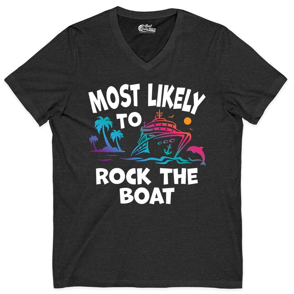 Cruise Shirt Funny - Rock the Boat Tropical Sunset Vacation Tee (V-Neck) in Dark Grey Heather - Most Likely to Rock the Boat Cruise Shirt Tropical Sunset Graphic