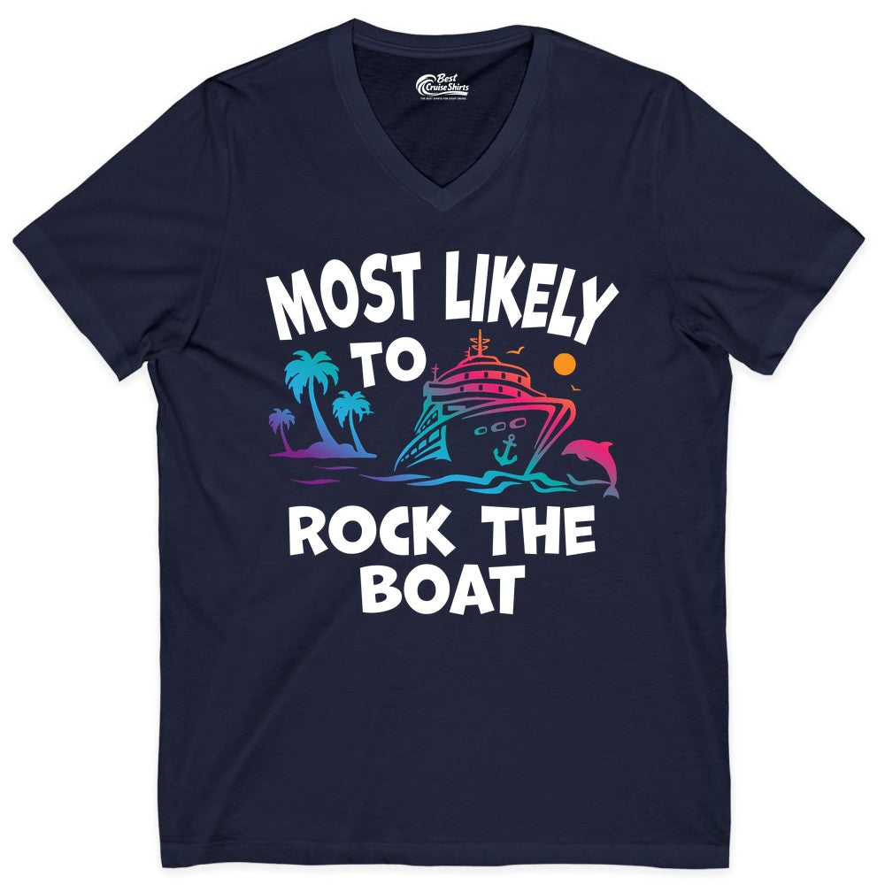 Cruise Shirt Funny - Rock the Boat Tropical Sunset Vacation Tee (V-Neck) in Navy - Most Likely to Rock the Boat Cruise Shirt Tropical Sunset Graphic