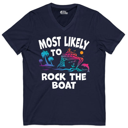 Cruise Shirt Funny - Rock the Boat Tropical Sunset Vacation Tee (V-Neck) in Navy - Most Likely to Rock the Boat Cruise Shirt Tropical Sunset Graphic