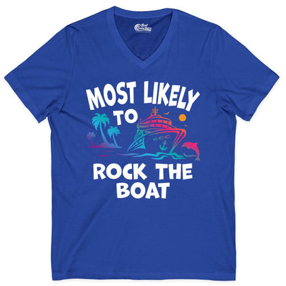 Cruise Shirt Funny - Rock the Boat Tropical Sunset Vacation Tee (V-Neck) in True Royal - Most Likely to Rock the Boat Cruise Shirt Tropical Sunset Graphic
