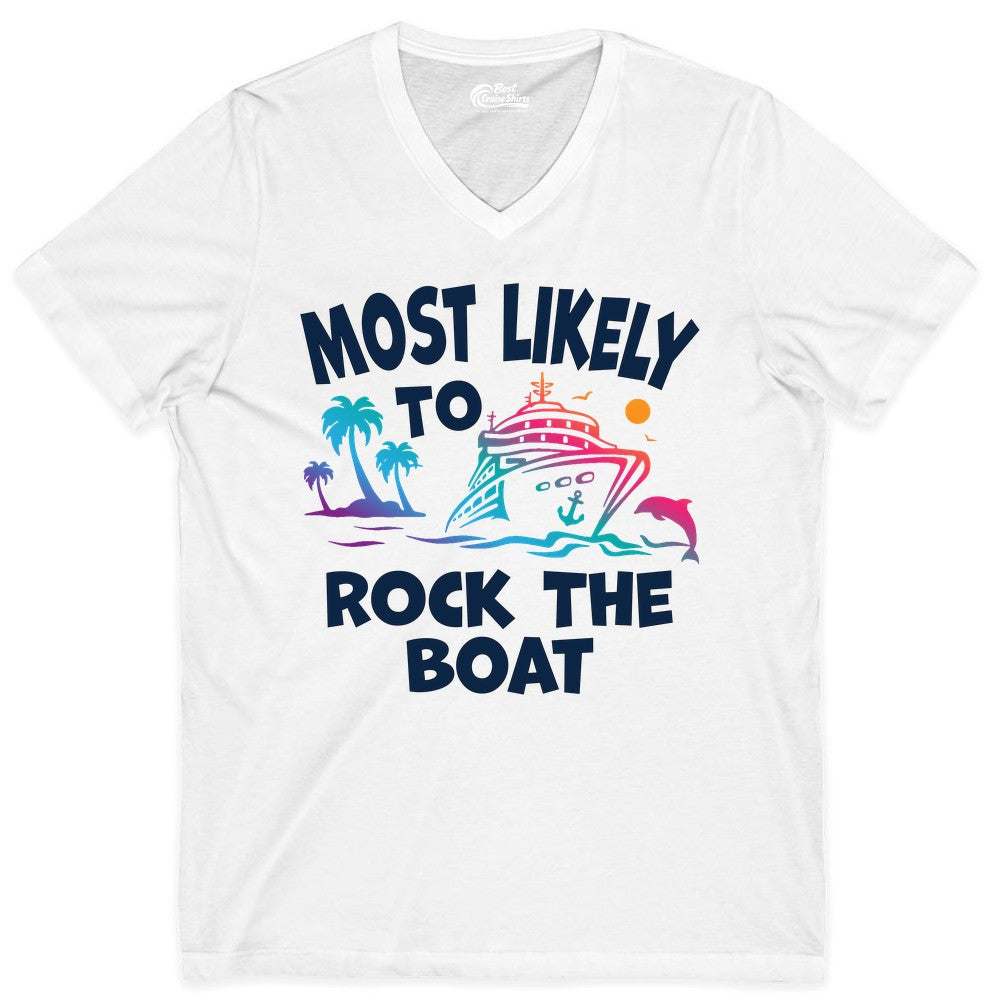 Cruise Shirt Funny - Rock the Boat Tropical Sunset Vacation Tee (V-Neck) in White - Most Likely to Rock the Boat Cruise Shirt Tropical Sunset Graphic