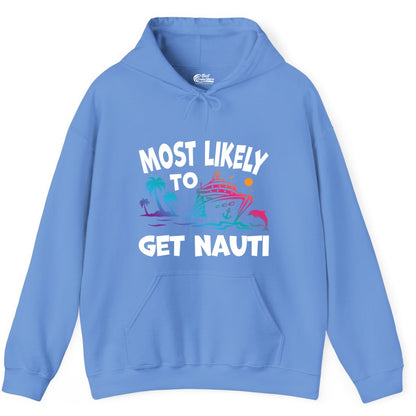 Most Likely to Get Nauti Shirt - Funny Cruise Vacation Tee (Hoodie) in Carolina Blue - Most Likely To Get Nauti Funny Cruise Shirt Dolphin Palm Trees Art