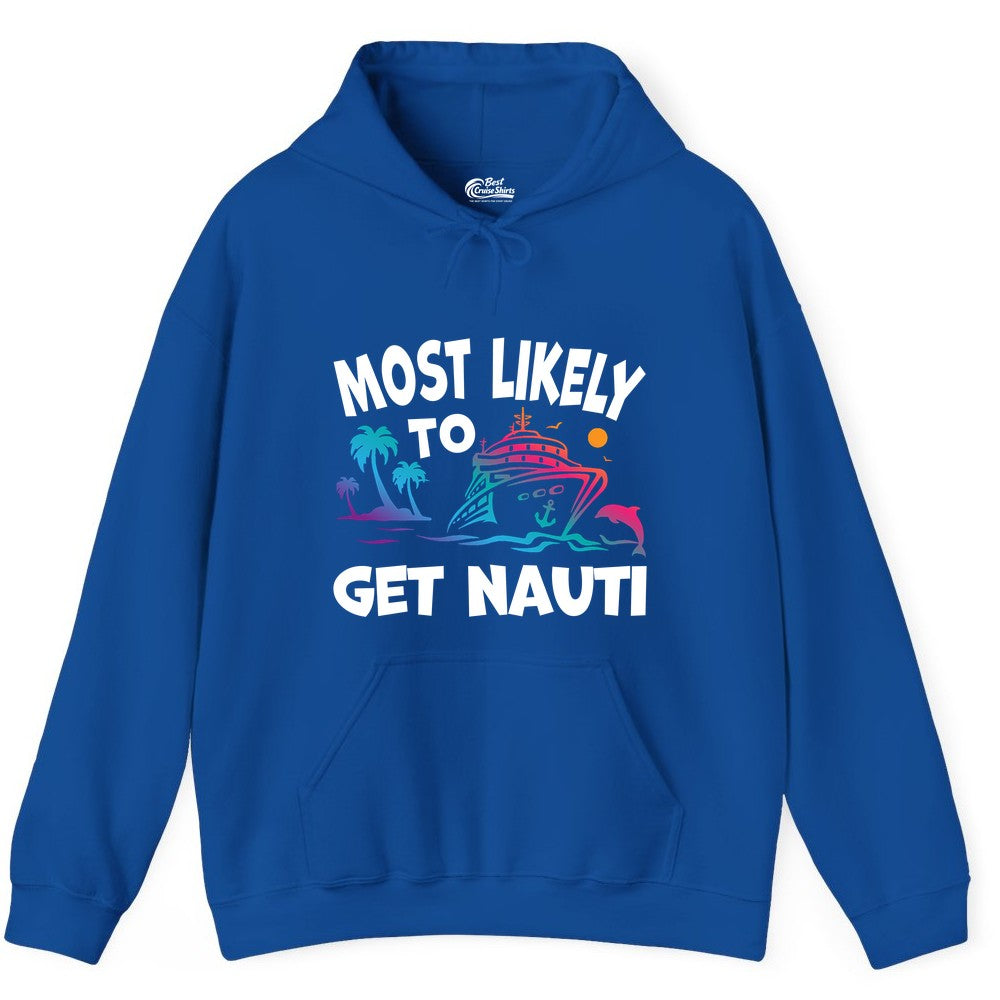 Most Likely to Get Nauti Shirt - Funny Cruise Vacation Tee (Hoodie) in Royal - Most Likely To Get Nauti Funny Cruise Shirt Dolphin Palm Trees Art