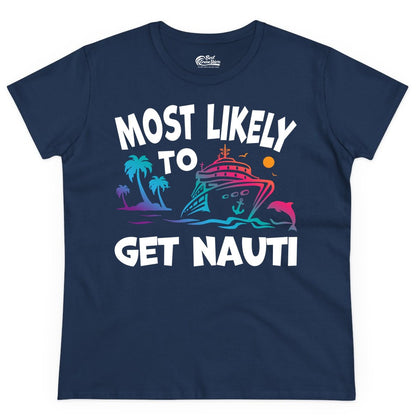 Most Likely to Get Nauti Shirt - Funny Cruise Vacation Tee (Ladies Tee) in Navy - Most Likely To Get Nauti Funny Cruise Shirt Dolphin Palm Trees Art