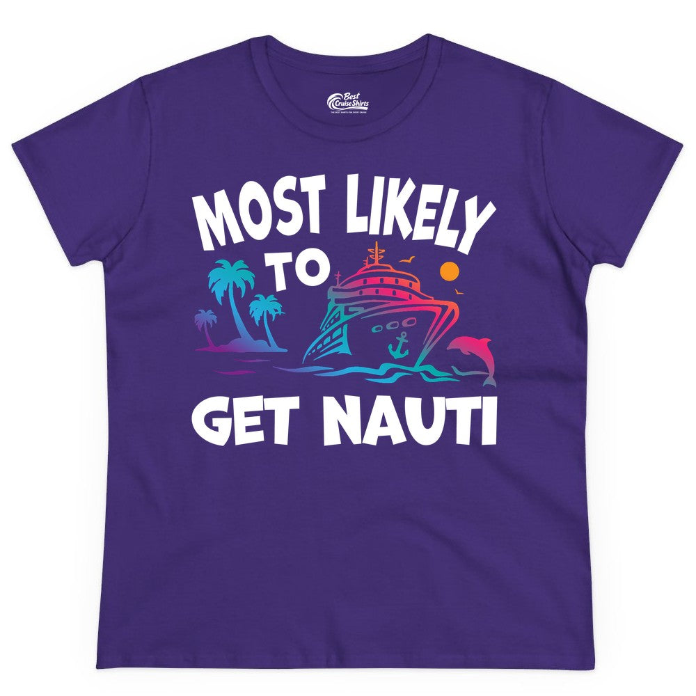 Most Likely to Get Nauti Shirt - Funny Cruise Vacation Tee (Ladies Tee) in Purple - Most Likely To Get Nauti Funny Cruise Shirt Dolphin Palm Trees Art