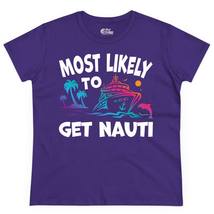 Most Likely to Get Nauti Shirt - Funny Cruise Vacation Tee (Ladies Tee) in Purple - Most Likely To Get Nauti Funny Cruise Shirt Dolphin Palm Trees Art