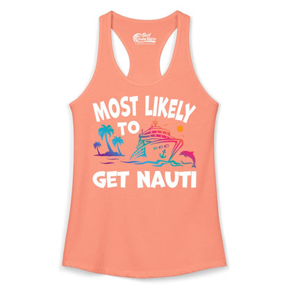 Most Likely to Get Nauti Shirt - Funny Cruise Vacation Tee (Ladies Tank) in Solid Light Orange - Most Likely To Get Nauti Funny Cruise Shirt Dolphin Palm Trees Art
