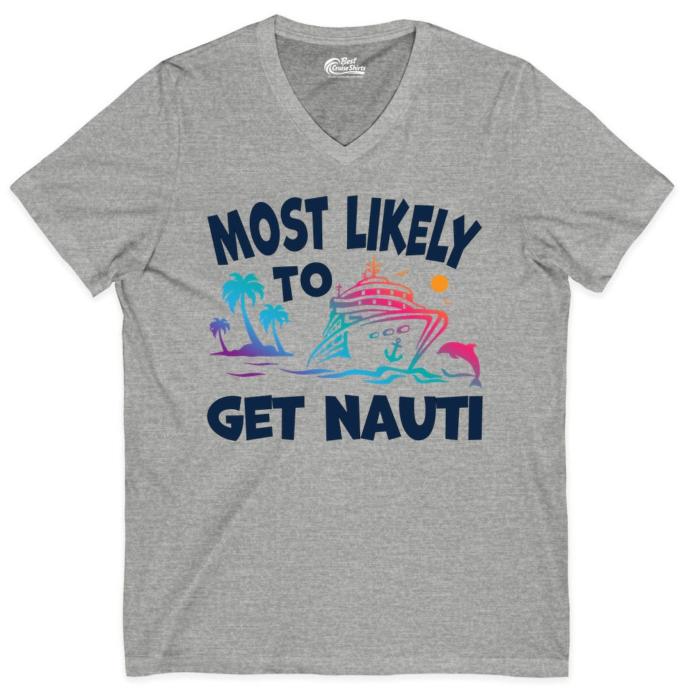 Most Likely to Get Nauti Shirt - Funny Cruise Vacation Tee (V-Neck) in Athletic Heather - Most Likely To Get Nauti Funny Cruise Shirt Dolphin Palm Trees Art
