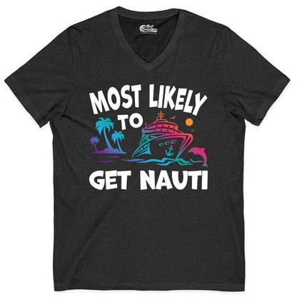 Most Likely to Get Nauti Shirt - Funny Cruise Vacation Tee (V-Neck) in Dark Grey Heather - Most Likely To Get Nauti Funny Cruise Shirt Dolphin Palm Trees Art