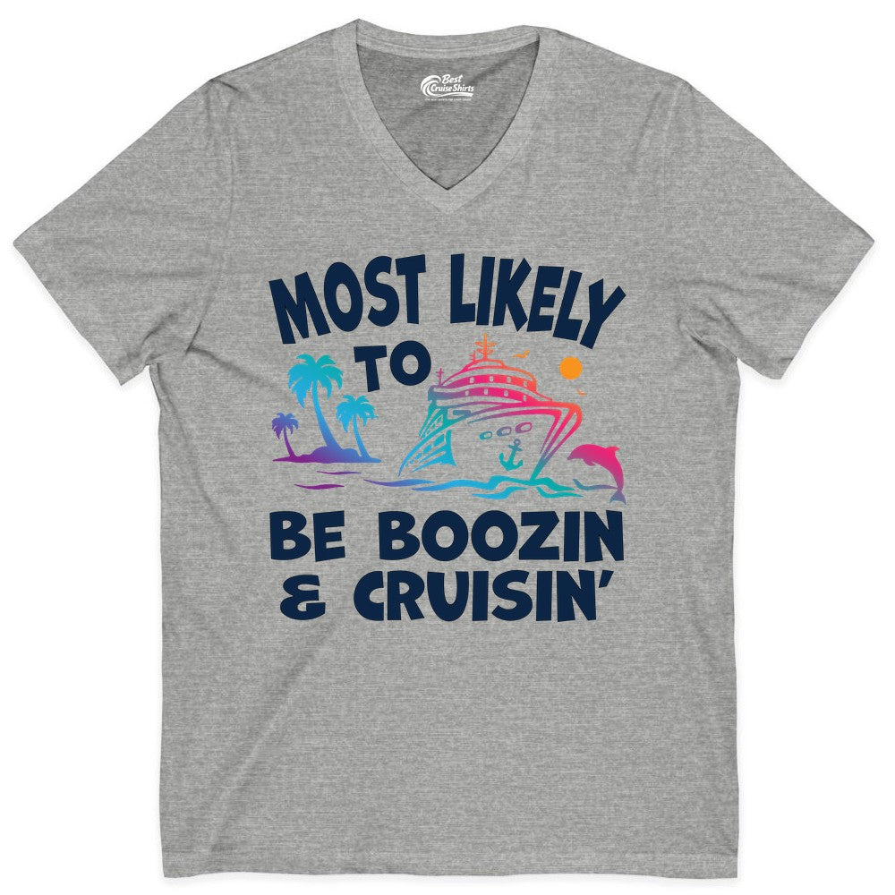 Boozin and Cruisin Shirt - Funny Cruise Vacation Party Apparel (V-Neck) in Athletic Heather - Most Likely To Be Boozin And Cruisin Tropical Cruise Party Shirt