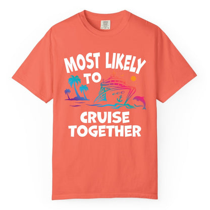 Cruise Shirt for Couples - Funny Matching Cruise Outfit Bahamas (Comfort Color) in Bright Salmon - Most Likely To Cruise Together Tropical Sunset Dolphin Shirt