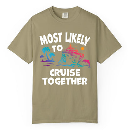 Cruise Shirt for Couples - Funny Matching Cruise Outfit Bahamas (Comfort Color) in Khaki - Most Likely To Cruise Together Tropical Sunset Dolphin Shirt