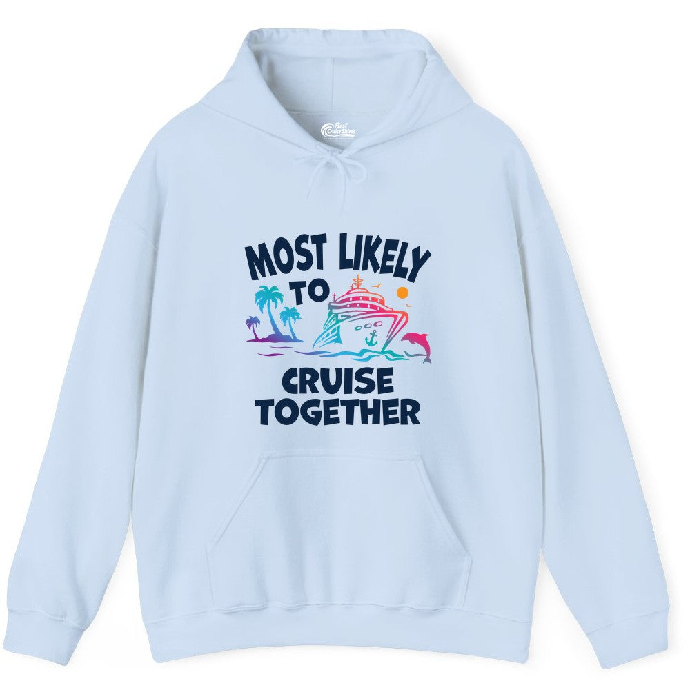 Cruise Shirt for Couples - Funny Matching Cruise Outfit Bahamas (Hoodie) in Light Blue - Most Likely To Cruise Together Tropical Sunset Dolphin Shirt