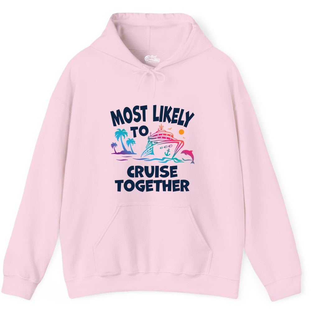 Cruise Shirt for Couples - Funny Matching Cruise Outfit Bahamas (Hoodie) in Light Pink - Most Likely To Cruise Together Tropical Sunset Dolphin Shirt