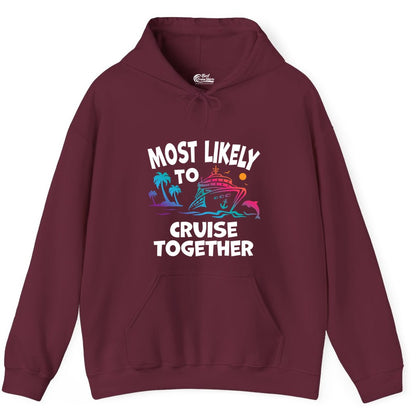 Cruise Shirt for Couples - Funny Matching Cruise Outfit Bahamas (Hoodie) in Maroon - Most Likely To Cruise Together Tropical Sunset Dolphin Shirt