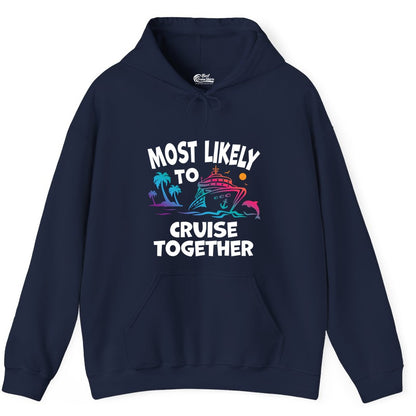 Cruise Shirt for Couples - Funny Matching Cruise Outfit Bahamas (Hoodie) in Navy - Most Likely To Cruise Together Tropical Sunset Dolphin Shirt