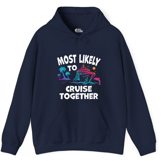 Cruise Shirt for Couples - Funny Matching Cruise Outfit Bahamas (Hoodie) in Navy - Most Likely To Cruise Together Tropical Sunset Dolphin Shirt