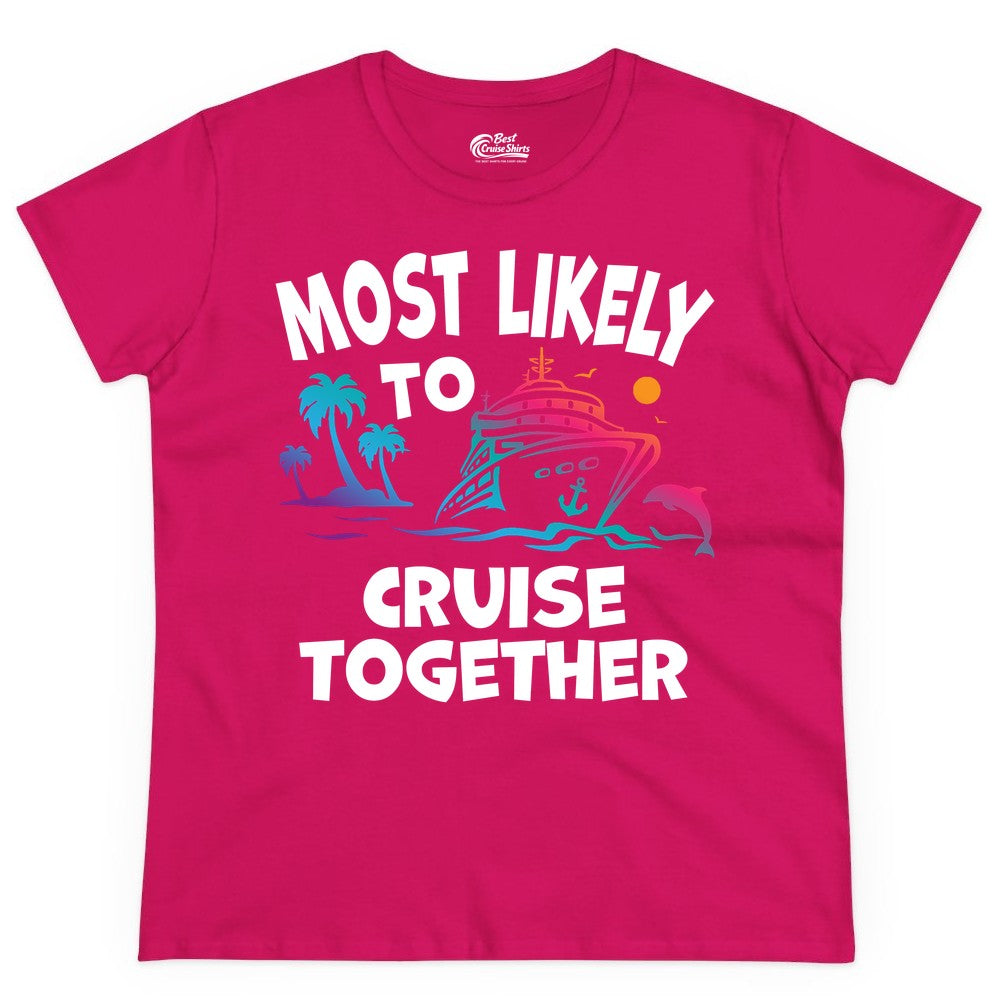 Cruise Shirt for Couples - Funny Matching Cruise Outfit Bahamas (Ladies Tee) in Heliconia - Most Likely To Cruise Together Tropical Sunset Dolphin Shirt