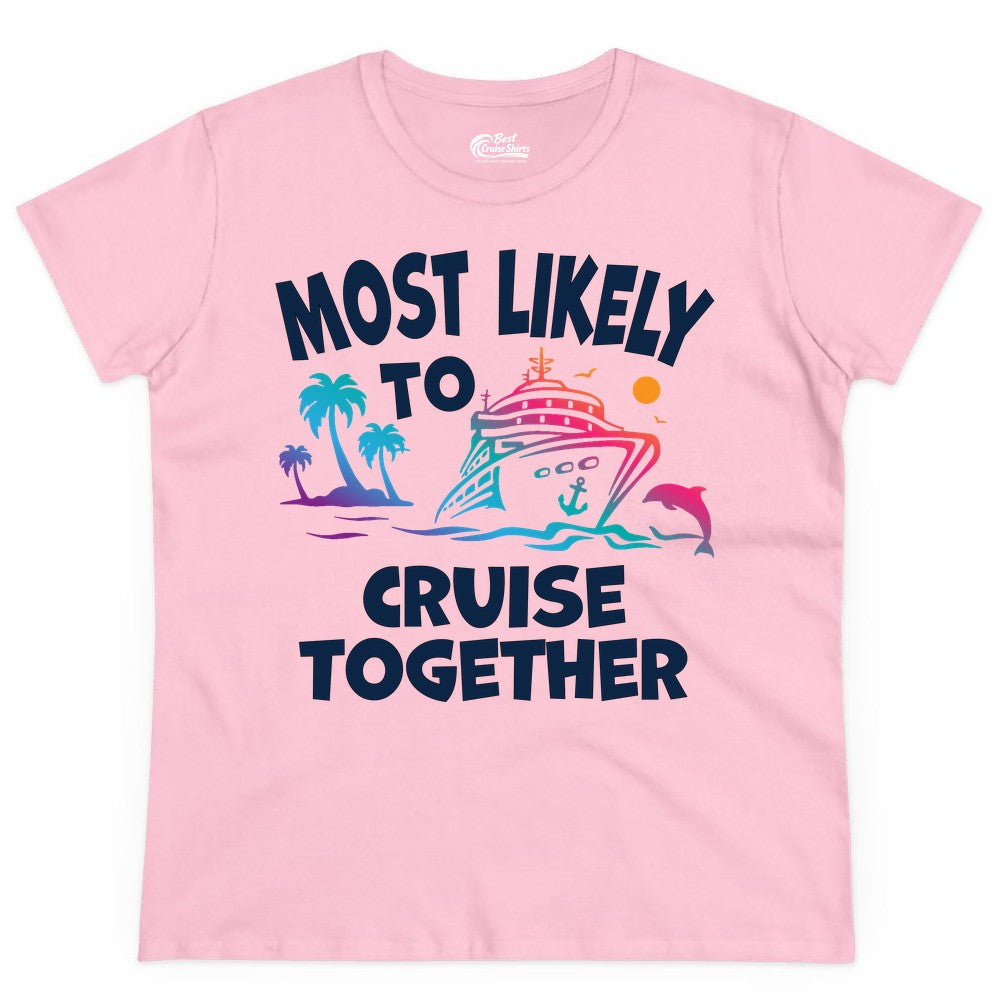 Cruise Shirt for Couples - Funny Matching Cruise Outfit Bahamas (Ladies Tee) in Light Pink - Most Likely To Cruise Together Tropical Sunset Dolphin Shirt