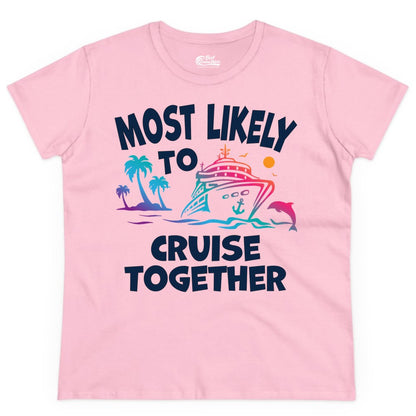 Cruise Shirt for Couples - Funny Matching Cruise Outfit Bahamas (Ladies Tee) in Light Pink - Most Likely To Cruise Together Tropical Sunset Dolphin Shirt
