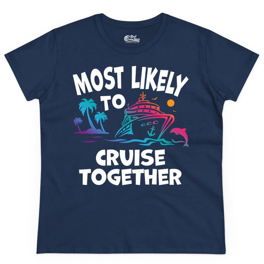 Cruise Shirt for Couples - Funny Matching Cruise Outfit Bahamas (Ladies Tee) in Navy - Most Likely To Cruise Together Tropical Sunset Dolphin Shirt