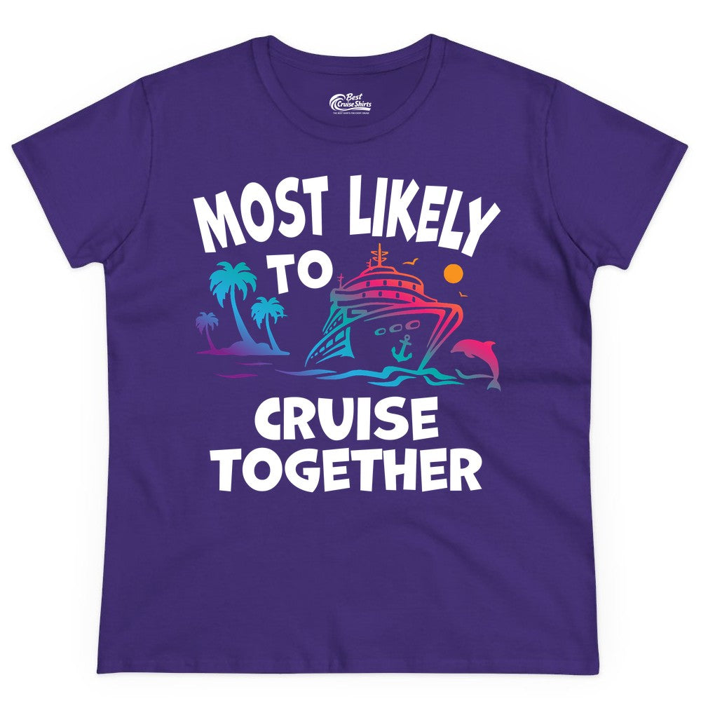 Cruise Shirt for Couples - Funny Matching Cruise Outfit Bahamas (Ladies Tee) in Purple - Most Likely To Cruise Together Tropical Sunset Dolphin Shirt