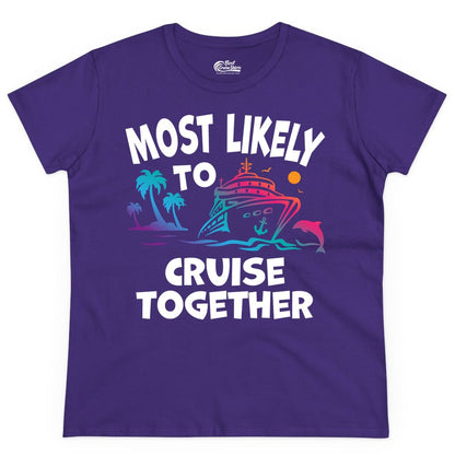 Cruise Shirt for Couples - Funny Matching Cruise Outfit Bahamas (Ladies Tee) in Purple - Most Likely To Cruise Together Tropical Sunset Dolphin Shirt
