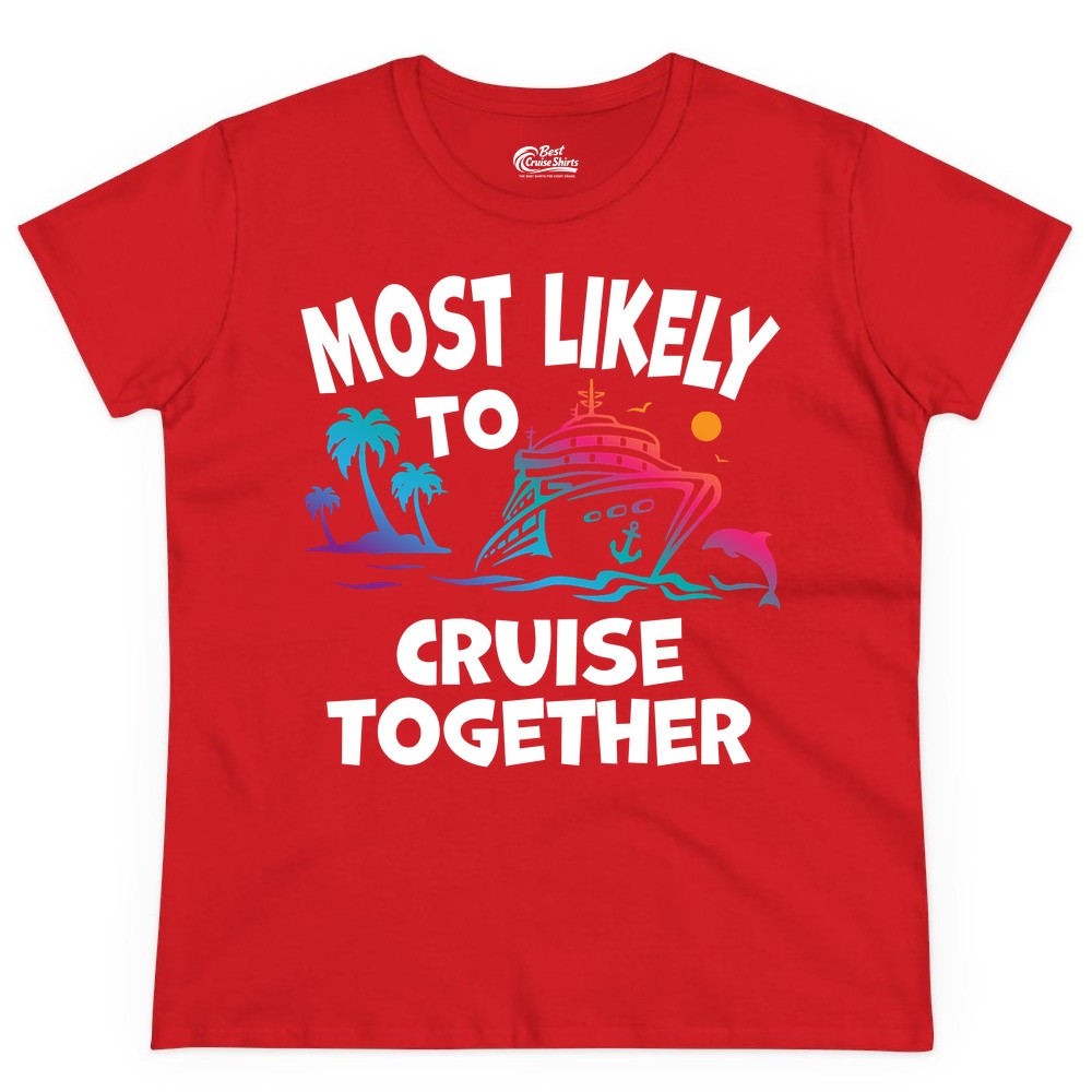 Cruise Shirt for Couples - Funny Matching Cruise Outfit Bahamas (Ladies Tee) in Red - Most Likely To Cruise Together Tropical Sunset Dolphin Shirt