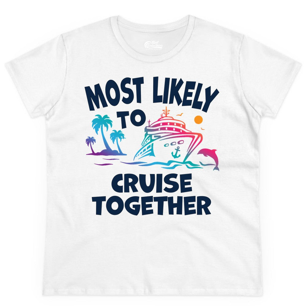 Cruise Shirt for Couples - Funny Matching Cruise Outfit Bahamas (Ladies Tee) in White - Most Likely To Cruise Together Tropical Sunset Dolphin Shirt