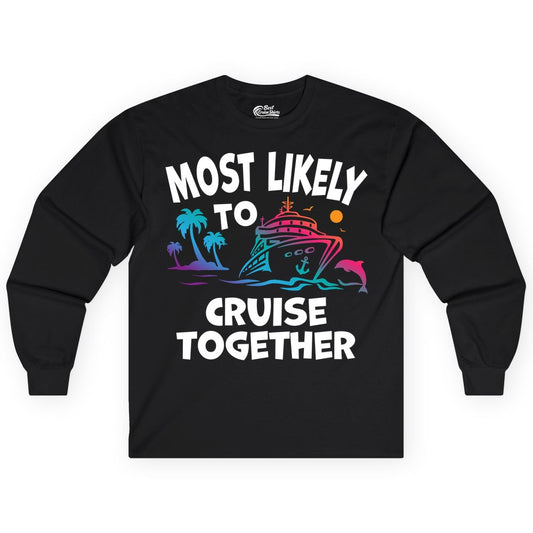 Cruise Shirt for Couples - Funny Matching Cruise Outfit Bahamas (Long Sleeve) in Black - Most Likely To Cruise Together Tropical Sunset Dolphin Shirt