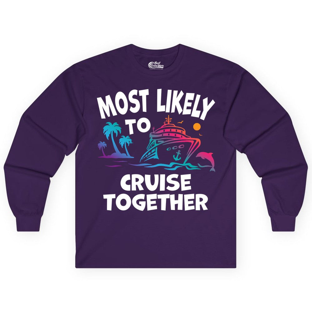 Cruise Shirt for Couples - Funny Matching Cruise Outfit Bahamas (Long Sleeve) in Purple - Most Likely To Cruise Together Tropical Sunset Dolphin Shirt