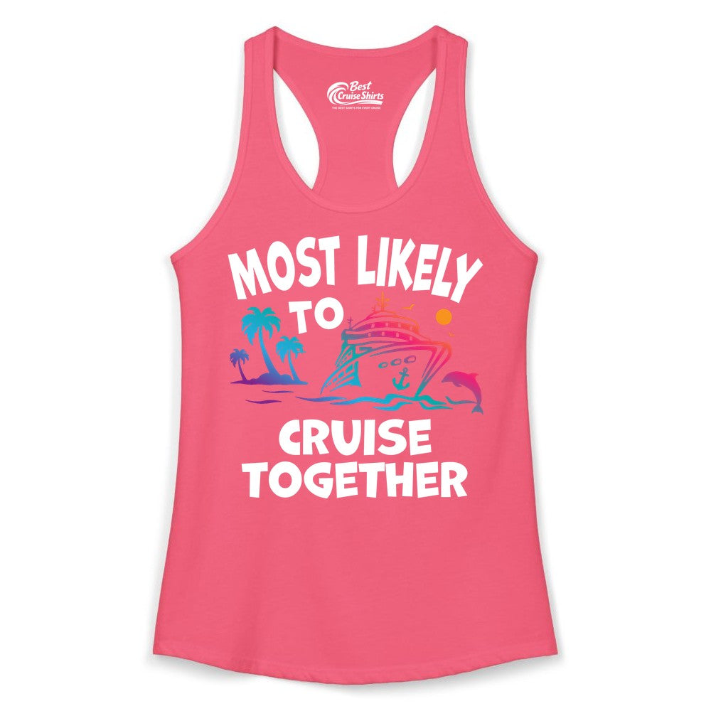 Cruise Shirt for Couples - Funny Matching Cruise Outfit Bahamas (Ladies Tank) in Hot Pink - Most Likely To Cruise Together Tropical Sunset Dolphin Shirt