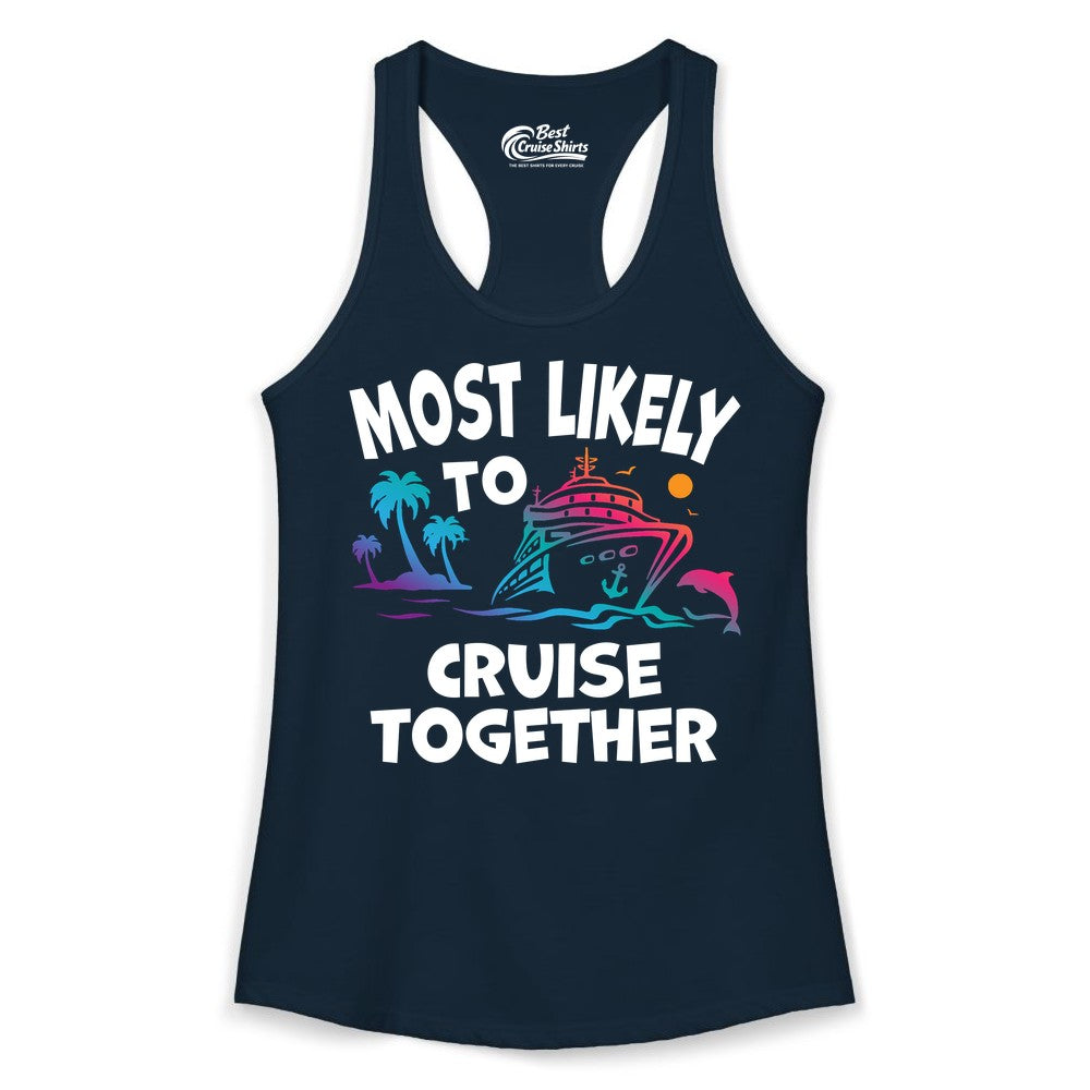 Cruise Shirt for Couples - Funny Matching Cruise Outfit Bahamas (Ladies Tank) in Solid Midnight Navy - Most Likely To Cruise Together Tropical Sunset Dolphin Shirt