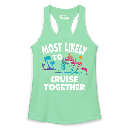 Cruise Shirt for Couples - Funny Matching Cruise Outfit Bahamas (Ladies Tank) in Solid Mint - Most Likely To Cruise Together Tropical Sunset Dolphin Shirt