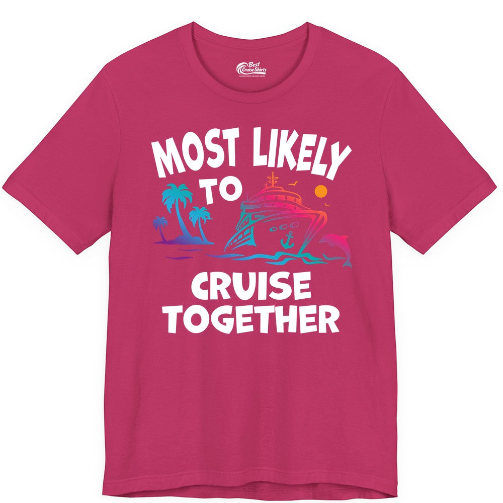 Cruise Shirt for Couples - Funny Matching Cruise Outfit Bahamas (Premium Tee) in Berry - Most Likely To Cruise Together Tropical Sunset Dolphin Shirt