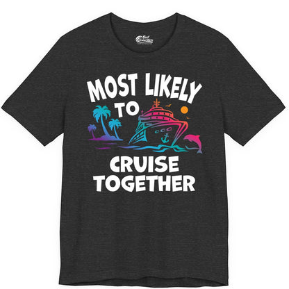 Cruise Shirt for Couples - Funny Matching Cruise Outfit Bahamas (Premium Tee) in Dark Grey Heather - Most Likely To Cruise Together Tropical Sunset Dolphin Shirt
