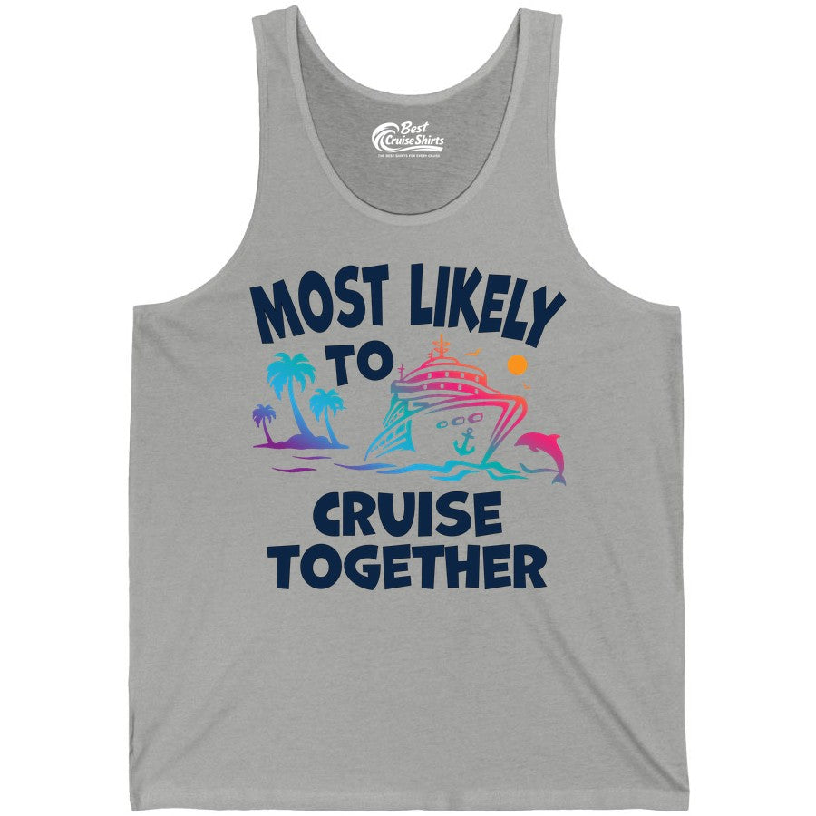 Cruise Shirt for Couples - Funny Matching Cruise Outfit Bahamas (Tank Top) in Athletic Heather - Most Likely To Cruise Together Tropical Sunset Dolphin Shirt