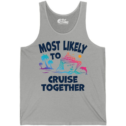 Cruise Shirt for Couples - Funny Matching Cruise Outfit Bahamas (Tank Top) in Athletic Heather - Most Likely To Cruise Together Tropical Sunset Dolphin Shirt