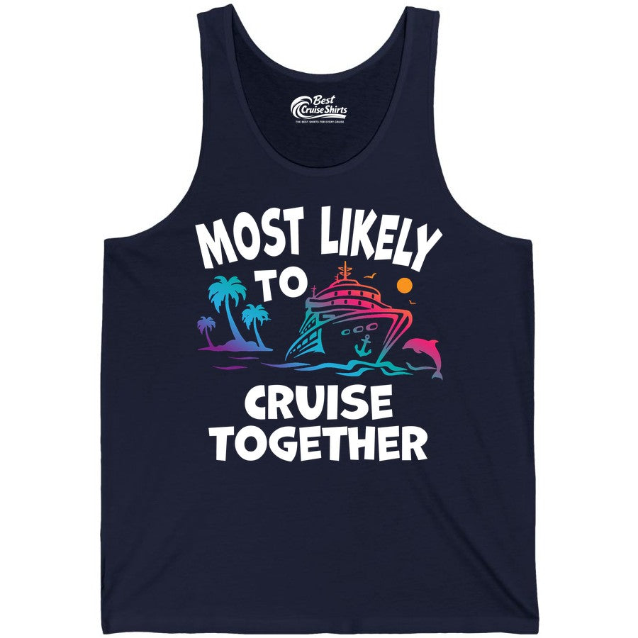 Cruise Shirt for Couples - Funny Matching Cruise Outfit Bahamas (Tank Top) in Navy - Most Likely To Cruise Together Tropical Sunset Dolphin Shirt