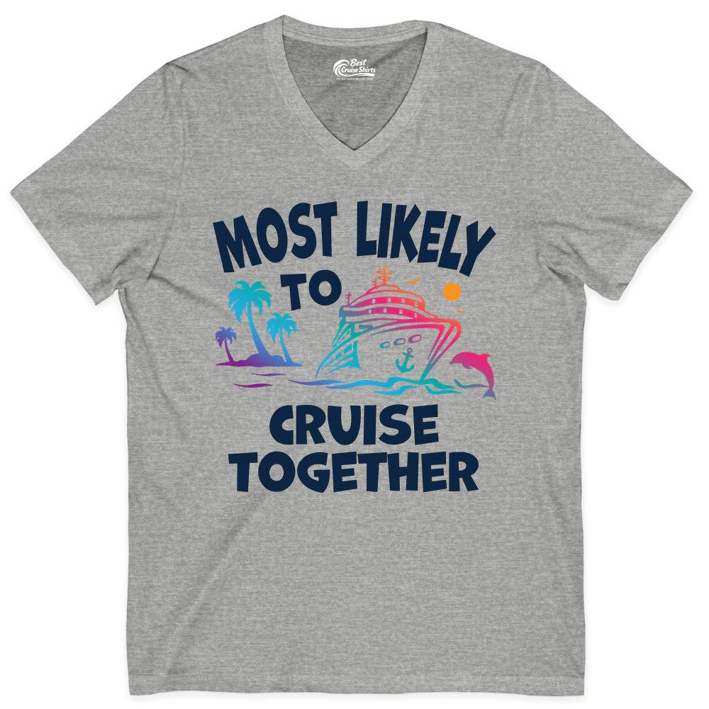 Cruise Shirt for Couples - Funny Matching Cruise Outfit Bahamas (V-Neck) in Athletic Heather - Most Likely To Cruise Together Tropical Sunset Dolphin Shirt