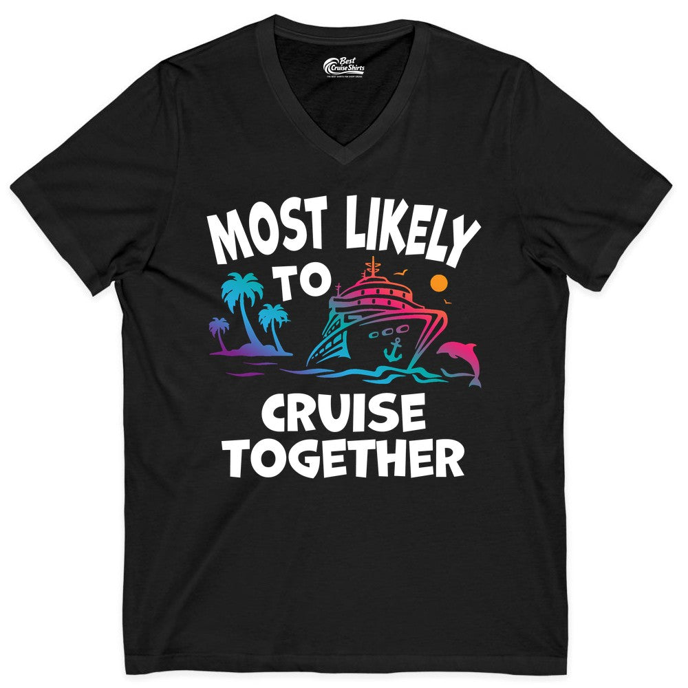 Cruise Shirt for Couples - Funny Matching Cruise Outfit Bahamas (V-Neck) in Black - Most Likely To Cruise Together Tropical Sunset Dolphin Shirt