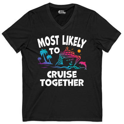 Cruise Shirt for Couples - Funny Matching Cruise Outfit Bahamas (V-Neck) in Black - Most Likely To Cruise Together Tropical Sunset Dolphin Shirt