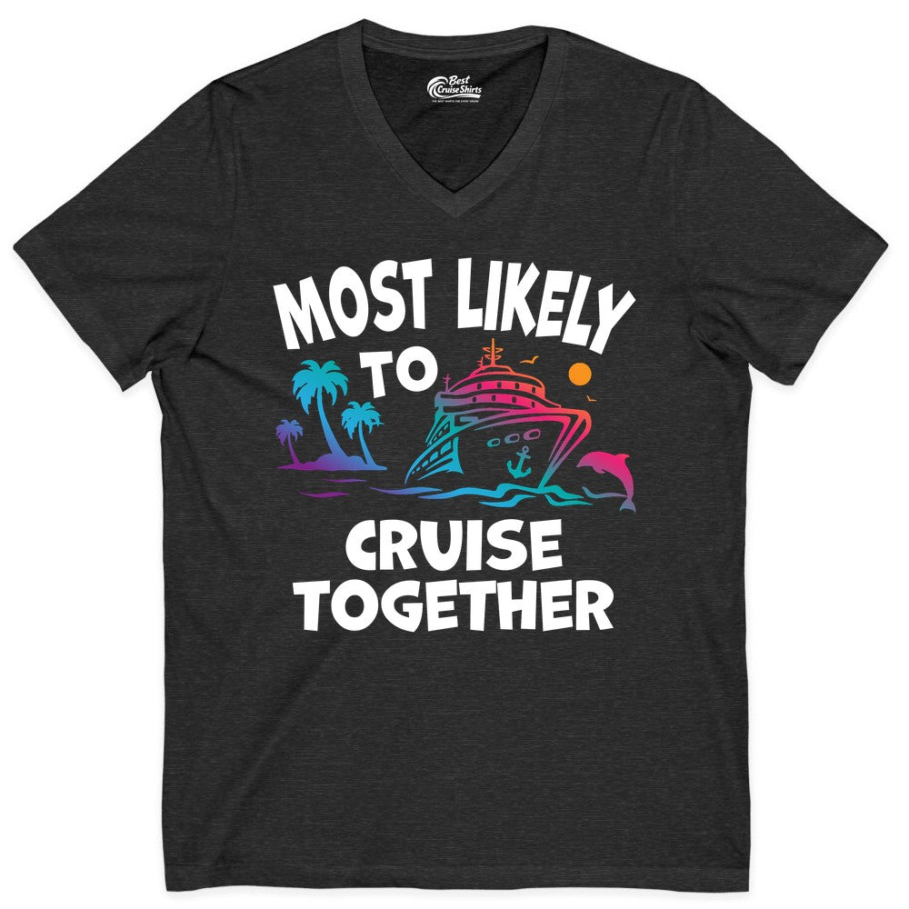 Cruise Shirt for Couples - Funny Matching Cruise Outfit Bahamas (V-Neck) in Dark Grey Heather - Most Likely To Cruise Together Tropical Sunset Dolphin Shirt