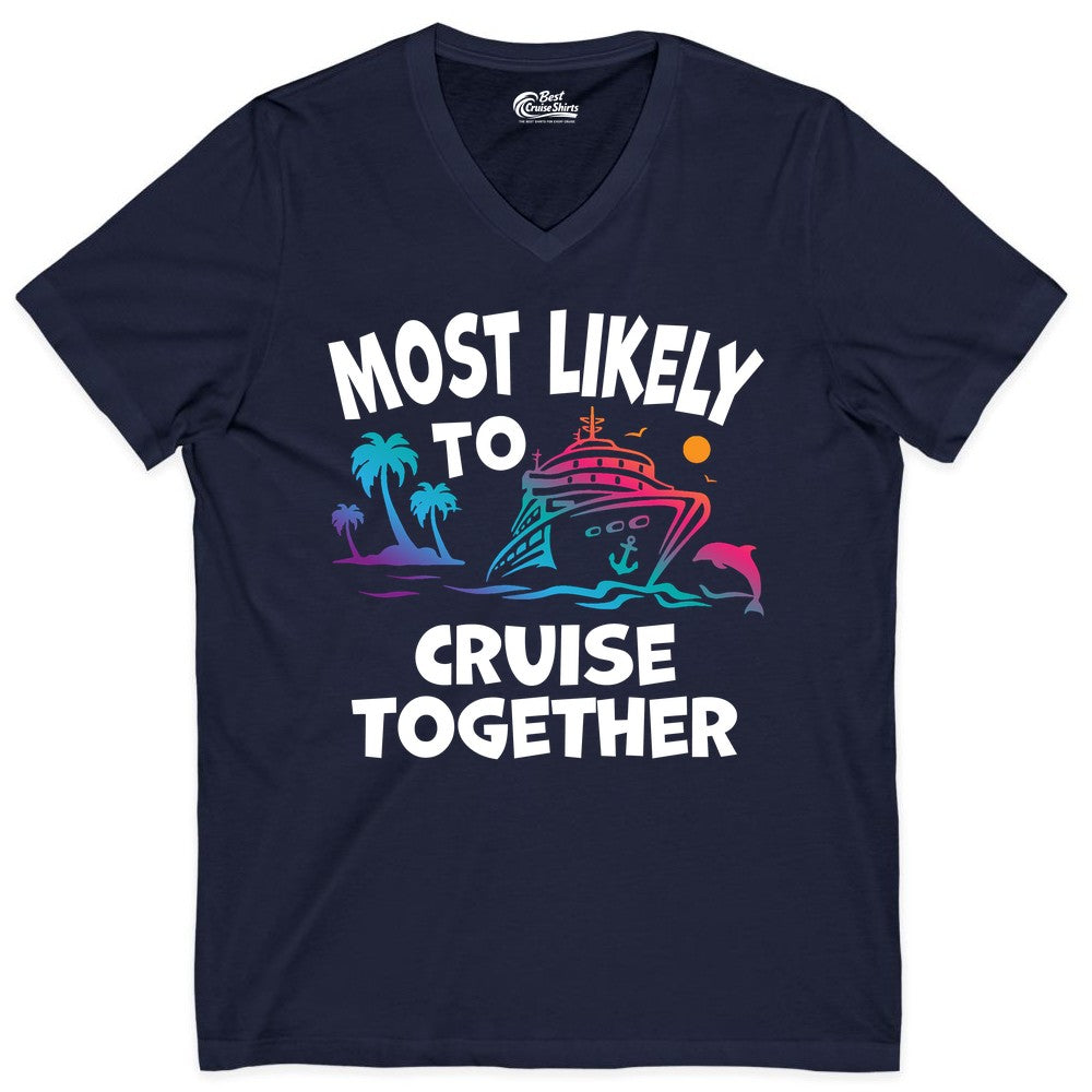 Cruise Shirt for Couples - Funny Matching Cruise Outfit Bahamas (V-Neck) in Navy - Most Likely To Cruise Together Tropical Sunset Dolphin Shirt