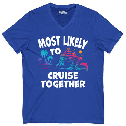 Cruise Shirt for Couples - Funny Matching Cruise Outfit Bahamas (V-Neck) in True Royal - Most Likely To Cruise Together Tropical Sunset Dolphin Shirt