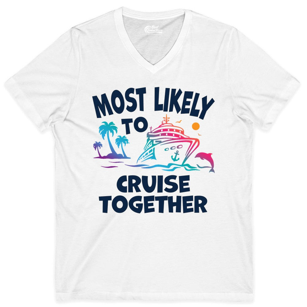 Cruise Shirt for Couples - Funny Matching Cruise Outfit Bahamas (V-Neck) in White - Most Likely To Cruise Together Tropical Sunset Dolphin Shirt
