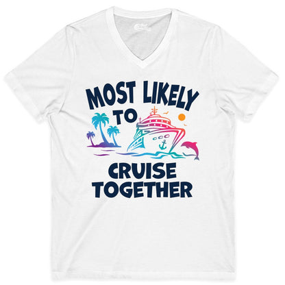 Cruise Shirt for Couples - Funny Matching Cruise Outfit Bahamas (V-Neck) in White - Most Likely To Cruise Together Tropical Sunset Dolphin Shirt