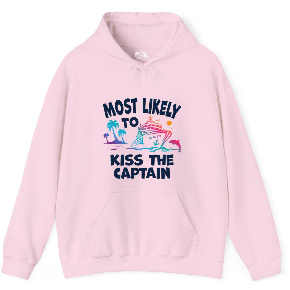 Most Likely to Kiss the Captain Shirt - Funny Cruise Vacation Tee (Hoodie) in Light Pink - Most Likely To Kiss The Captain Funny Tropical Cruise Shirt