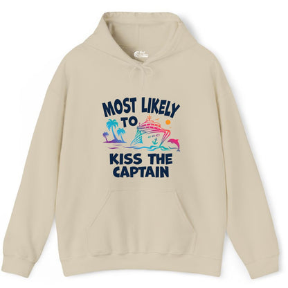 Most Likely to Kiss the Captain Shirt - Funny Cruise Vacation Tee (Hoodie) in Sand - Most Likely To Kiss The Captain Funny Tropical Cruise Shirt